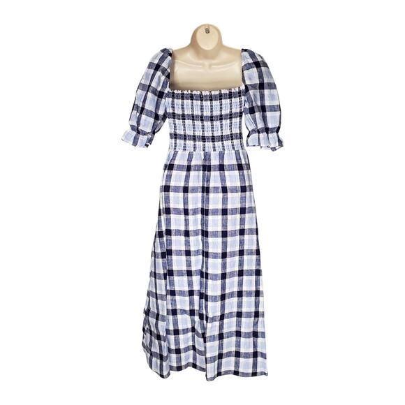 Reformation Marabella Linen Puff Sleeve Midi Dress Blue Gingham Check Size Small - Picture 3 of 10